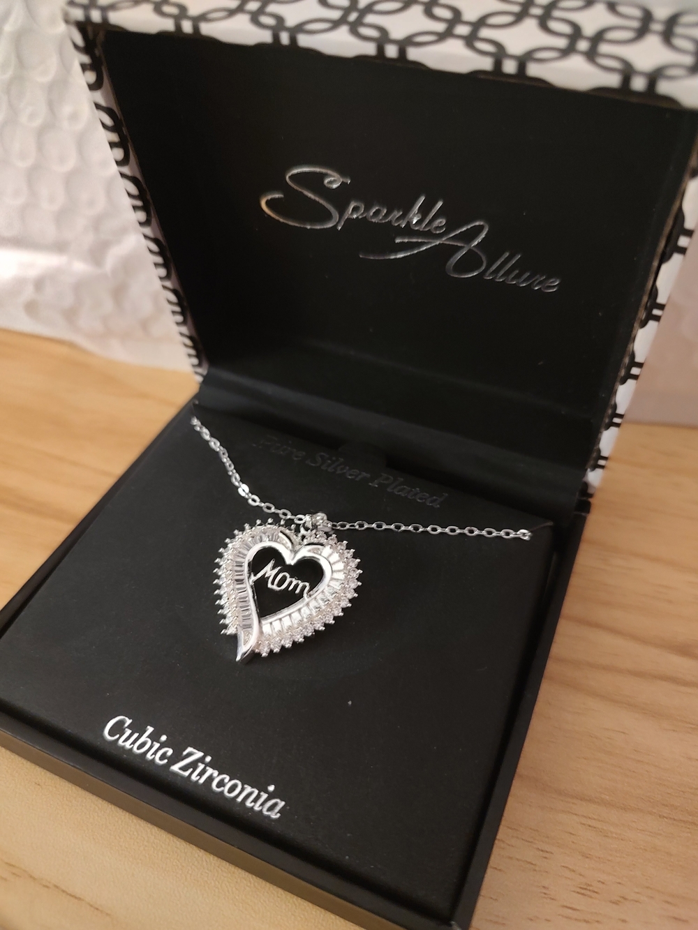 Sparkle Allure "Mom" Heart Pendant Necklace - Fine Silver Plated CZ (NIB)